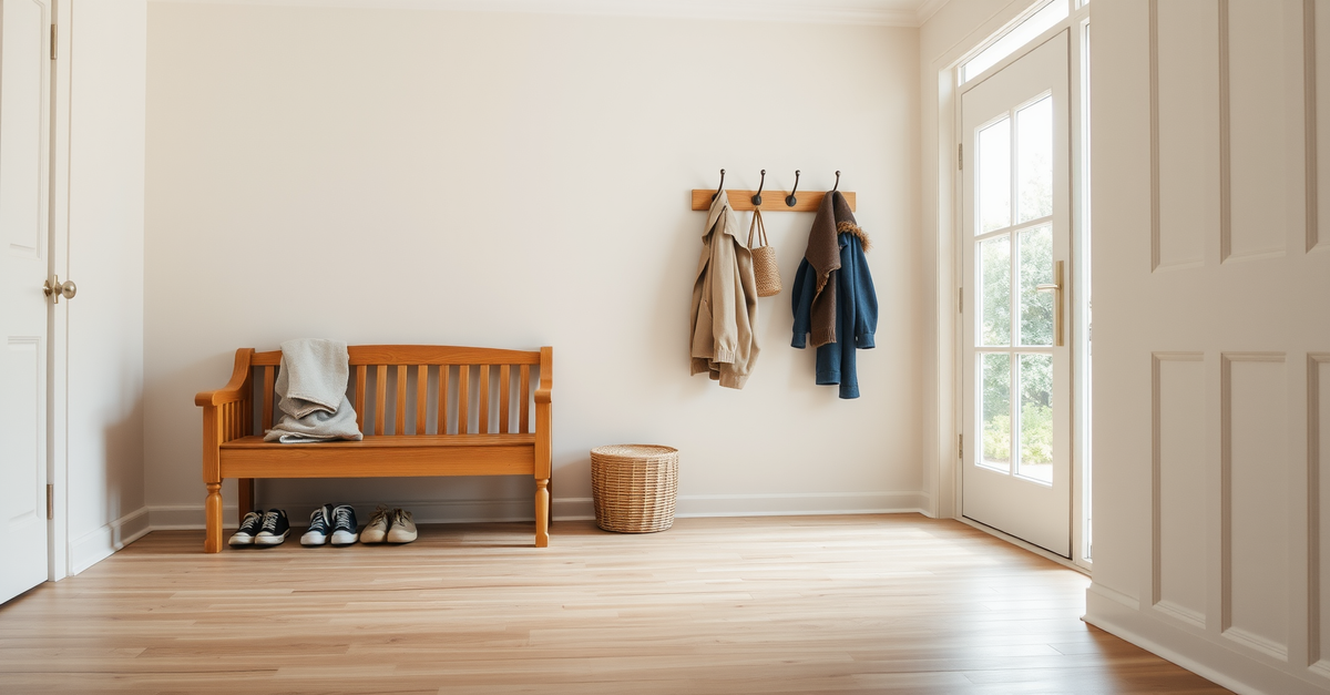 Entrée de maison avec banc en bois, chaussures rangées dessous - Beelive Studio