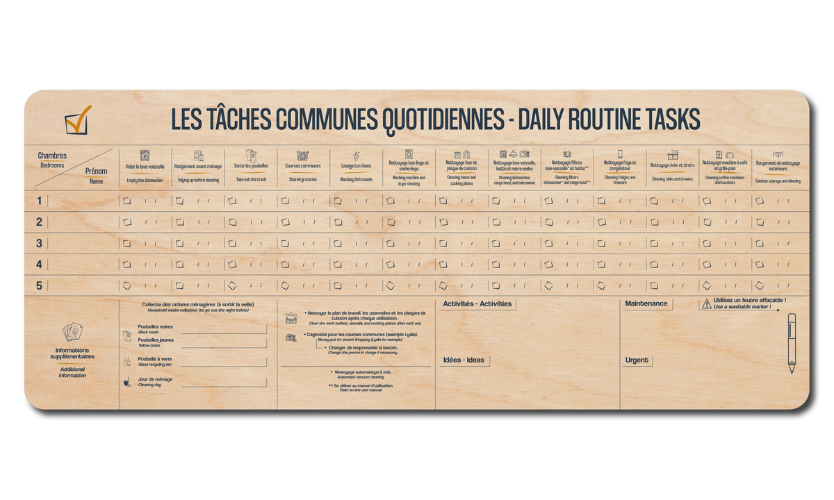 Tableau des tâches communes - 5 Chambres