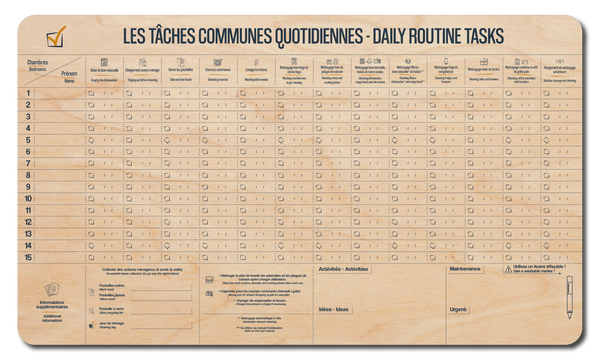 Tableau des tâches communes - 15 Chambres